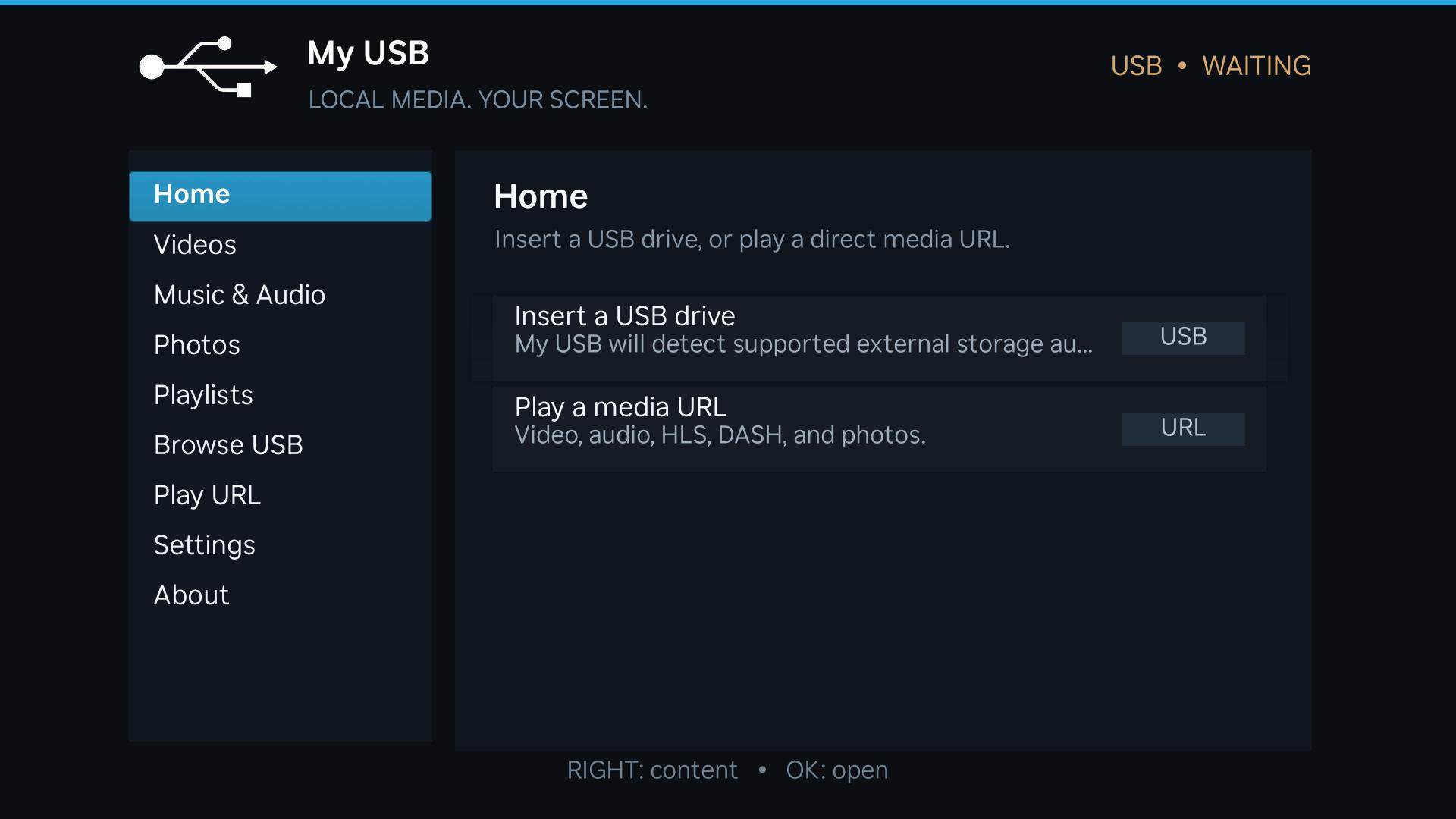 My USB home screen with USB browsing and media URL playback