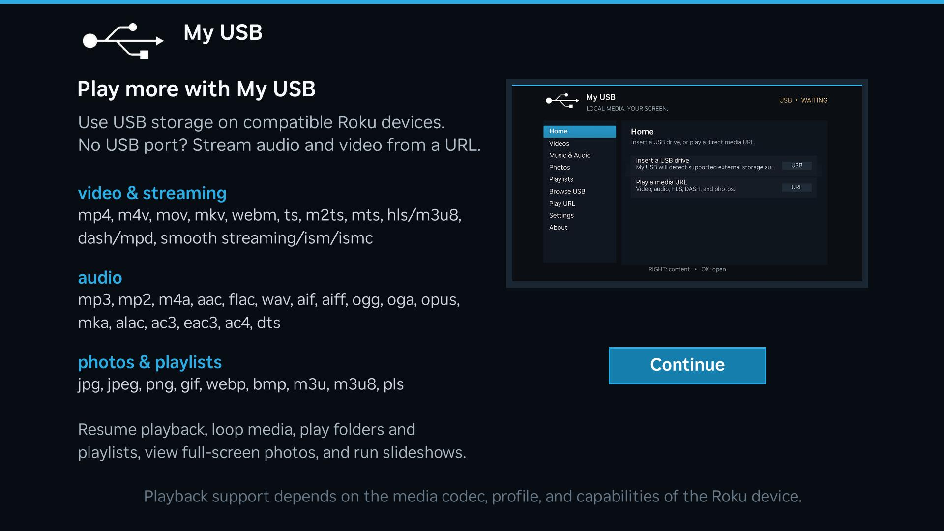 My USB welcome screen with supported media and playback features
